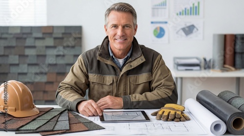 Man roofer as foreman sitting at desk reviewing blueprints and tablet. Planning roof installation with shingles samples tools and hard hat. Home repair construction project management concept