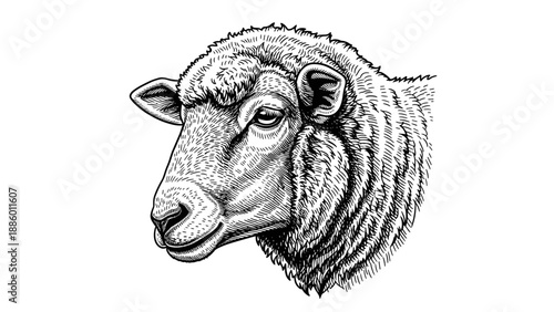 Detailed monochrome illustration of a sheeps head showcasing texture and form.