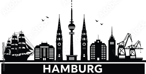 Black and white Hamburg city skyline silhouette with harbor, church towers, television tower, ship and cranes vector illustration isolated background