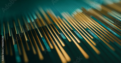 A close-up of a circuit board with gold and copper lines on it, in an abstract style