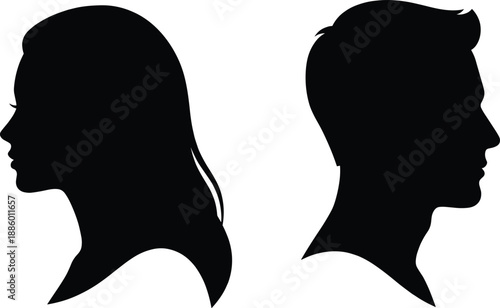 Male and female side profile silhouettes minimalist vector illustration isolated on white background for branding avatars relationships concepts modern design