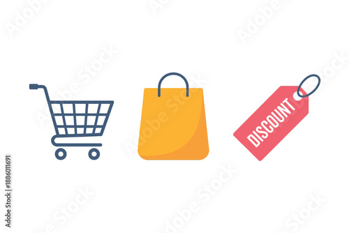 Shopping cart, bag, and discount tag icons for online shopping and retail concepts
