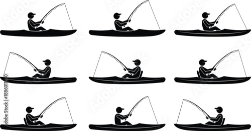 Kayak fishing silhouette set showing angler paddling and casting rod on water outdoor sport activity vector illustration