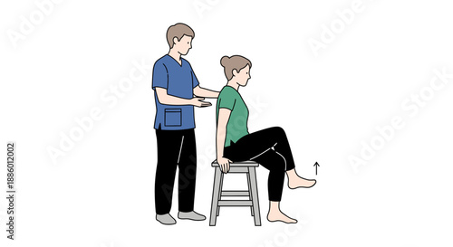 Therapist assists patient with seated leg lift mobility exercise