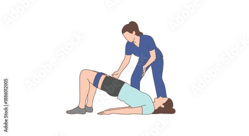 Professional therapist assists patient with resistance band bridge exercise
