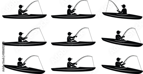 Kayak fishing silhouette collection featuring angler casting rod on calm water outdoor sport activity vector illustration set