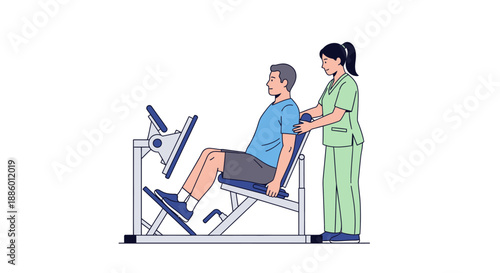 Physical therapist helps man perform leg press for recovery