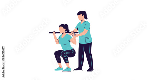 Physiotherapist guides patient doing safe barbell squat exercise