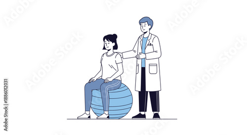 Doctor guides patient sitting on balance ball for core strength