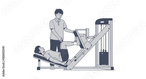 Physiotherapist assists man using leg press for rehabilitation