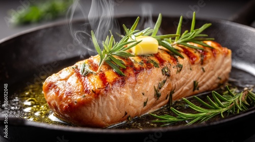 Freshly Grilled Salmon Fillet with Herbs and Butter in a Cast Iron Pan, Creating a Delicious Culinary Experience for Food Lovers and Chefs