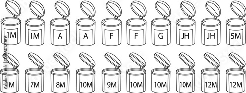 Black and white open trash can icons set with labels, hand drawn outline vector illustration for waste management, recycling, UI icons, and environmental design concepts