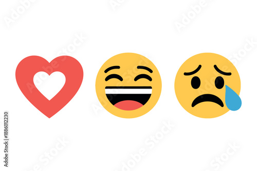 Emotions and Feelings Icons Set with Heart, Laughing, and Crying Faces on White Background