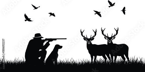 Black silhouette illustration of a hunter with rifle and dog hunting deer and stags in the field with birds flying.