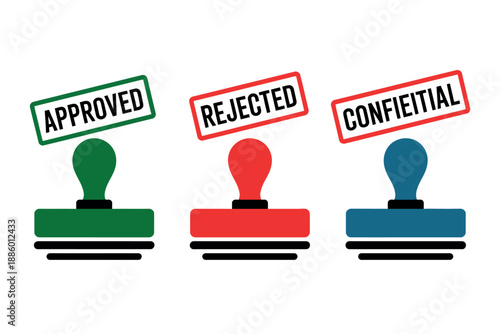Rubber stamp icons for approved, rejected, and confidential documents in green, red, and blue colors