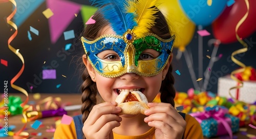 A young girl wearing a colorful masquerade mask eats a hamantaschen cookie at a party
