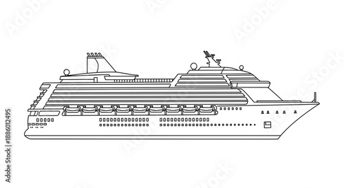 Detailed Outline Illustration of a Large Cruise Ship.