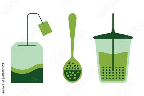 Green tea infuser, spoon, and carton illustration