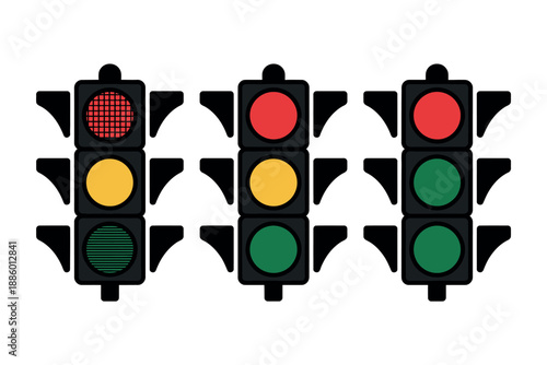 Traffic lights in different positions, red yellow green colors, road signs, urban infrastructure