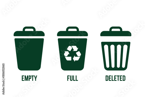 Green trash can icons empty full deleted status symbols for waste management and recycling
