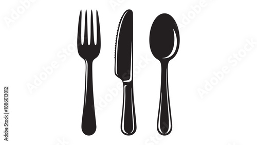 Set of three modern stainless steel cutlery pieces isolated on transparent background
