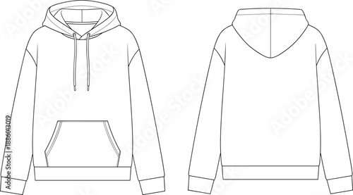 Front and back hoodie technical flat outline vector illustration for fashion apparel design mockup template isolated on white background