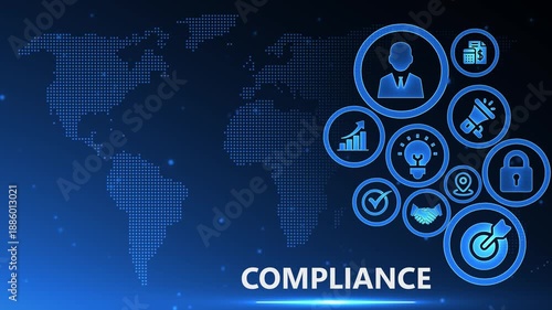 Global Compliance Concept with Business Icons and World Map Background