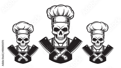 Three zombie chefs holding meat cleavers in horror cartoon style