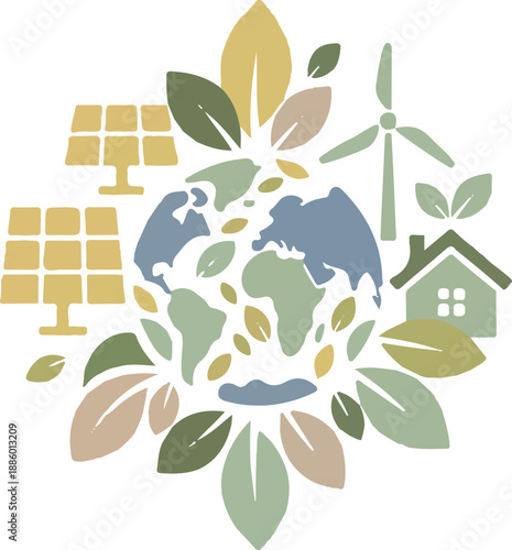 Eco energy concept with solar panels, wind turbine, earth and green house