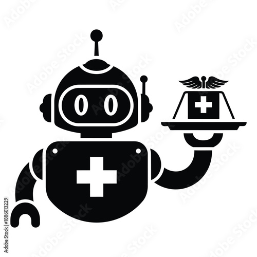 Black robot character with medical cross on chest holding a medical symbol on a tray