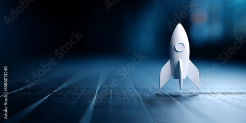 A rocket is taking off from a blueprint, symbolizing innovation and progress in technology or business planning