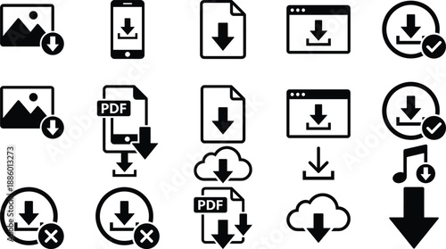 Download icons set for files images documents pdf cloud mobile and web interface actions minimal black vector illustration isolated background