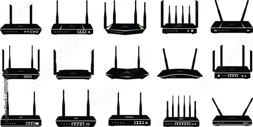 Collection of modern wireless WiFi routers icons set, network hardware devices silhouettes, internet connectivity technology concept, flat black vector illustration isolated on white background