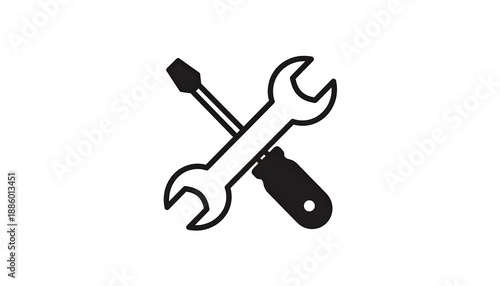 Simple, black, icon-style image of a wrench crossed with a screwdriver on a clean white background