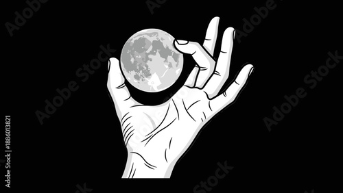 Hand holding a glowing moon in the darkness.