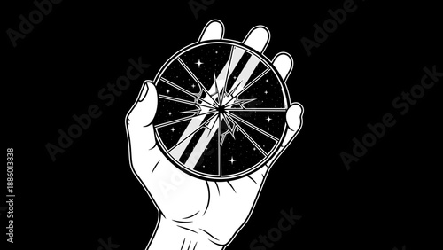 Hand holding broken mirror reflecting stars and galaxy.