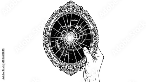 Hand Holding Ornate Broken Mirror Reflecting Stars.