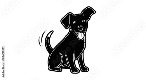 Happy Black Dog Sitting with Wagging Tail.