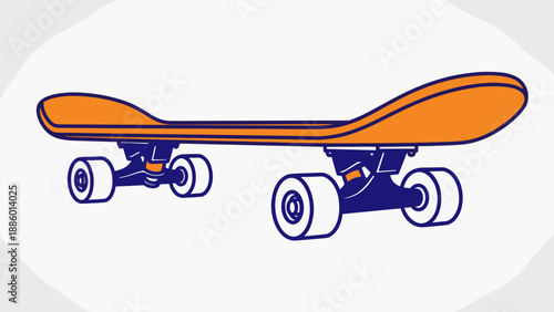 Illustration of a skateboard with orange deck and blue trucks.