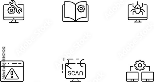 Computer troubleshooting and cybersecurity icon set featuring system maintenance bug fixing scanning warning tools outline vector illustration