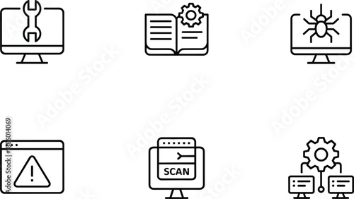 Computer maintenance cybersecurity icons showing troubleshooting documentation malware warning scanning network management outline vector illustration set for modern IT systems
