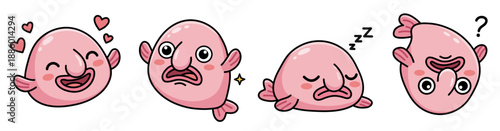 Cute blobfish sticker set. Funny deep sea fish in love, shocked, sleeping and confused. Kawaii ugly-cute vector character.