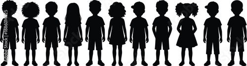 Children silhouettes vector set showing boys and girls diversity lineup isolated black figures for education illustration design concept poster icon