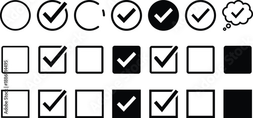 Checkmark and checkbox icons set with circles and squares approval confirmation selection ui symbols minimal black vector illustration isolated background