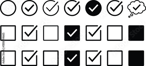 Check mark checkbox icons set with circles squares confirmation approval selection symbols minimal black vector illustration isolated white background