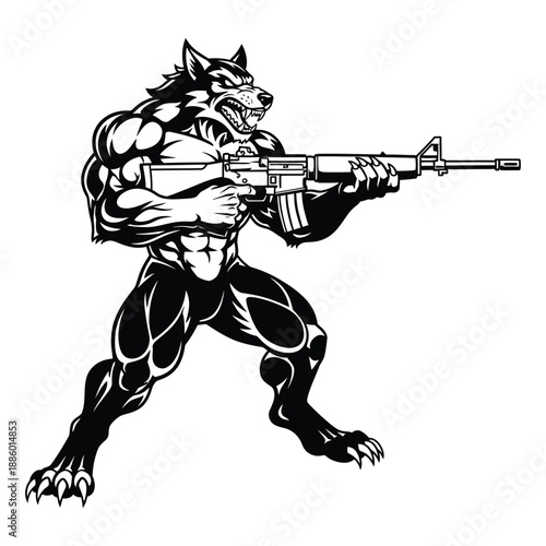Muscular wolf hybrid creature holding and aiming a rifle in a powerful stance