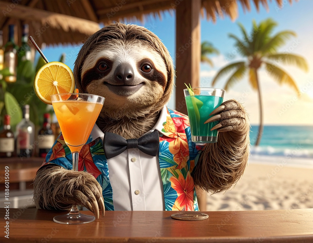 Obraz premium Faultier ist Barkeeper an einer Strandbar