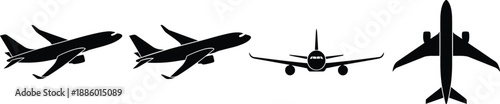 Airplane silhouette icons set showing different aircraft views commercial aviation travel transportation minimal black vector illustration isolated background