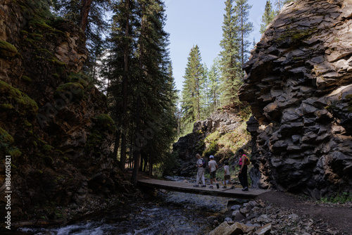 Family walking along a small wooden bridge crossing a river in the woods