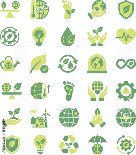 Ecofriendly green and yellow icons for environmental sustainability.